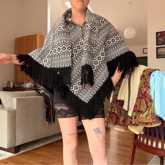 Vintage Jackets & Blazers - Vintage 1960’s/70’s Black & White Geometric Fringe Poncho